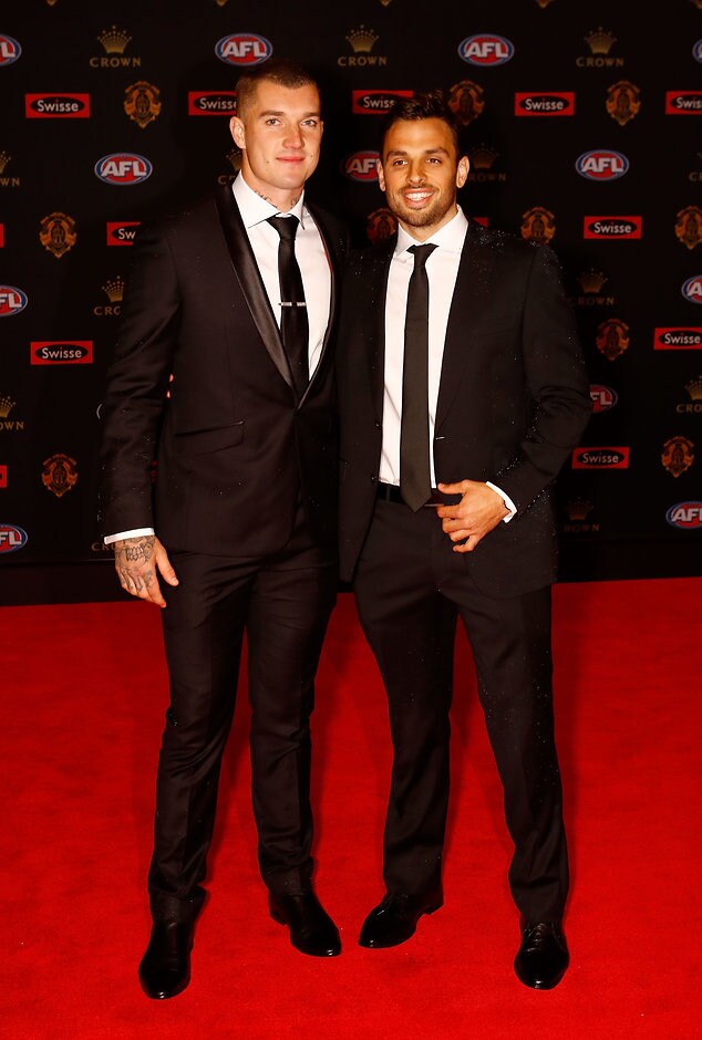 AFL 2016 Media - Swisse Brownlow Red Carpet Arrivals MELBOURNE, AUSTRALIA - SEPTEMBER 26: Dustin Martin and Sam Lloyd of the Tigers arrive during the Swisse Brownlow Red Carpet Arrivals at the Crown Palladium on September 26, 2016 in Melbourne, Australia. (Photo by Darrian Traynor/AFL Media)